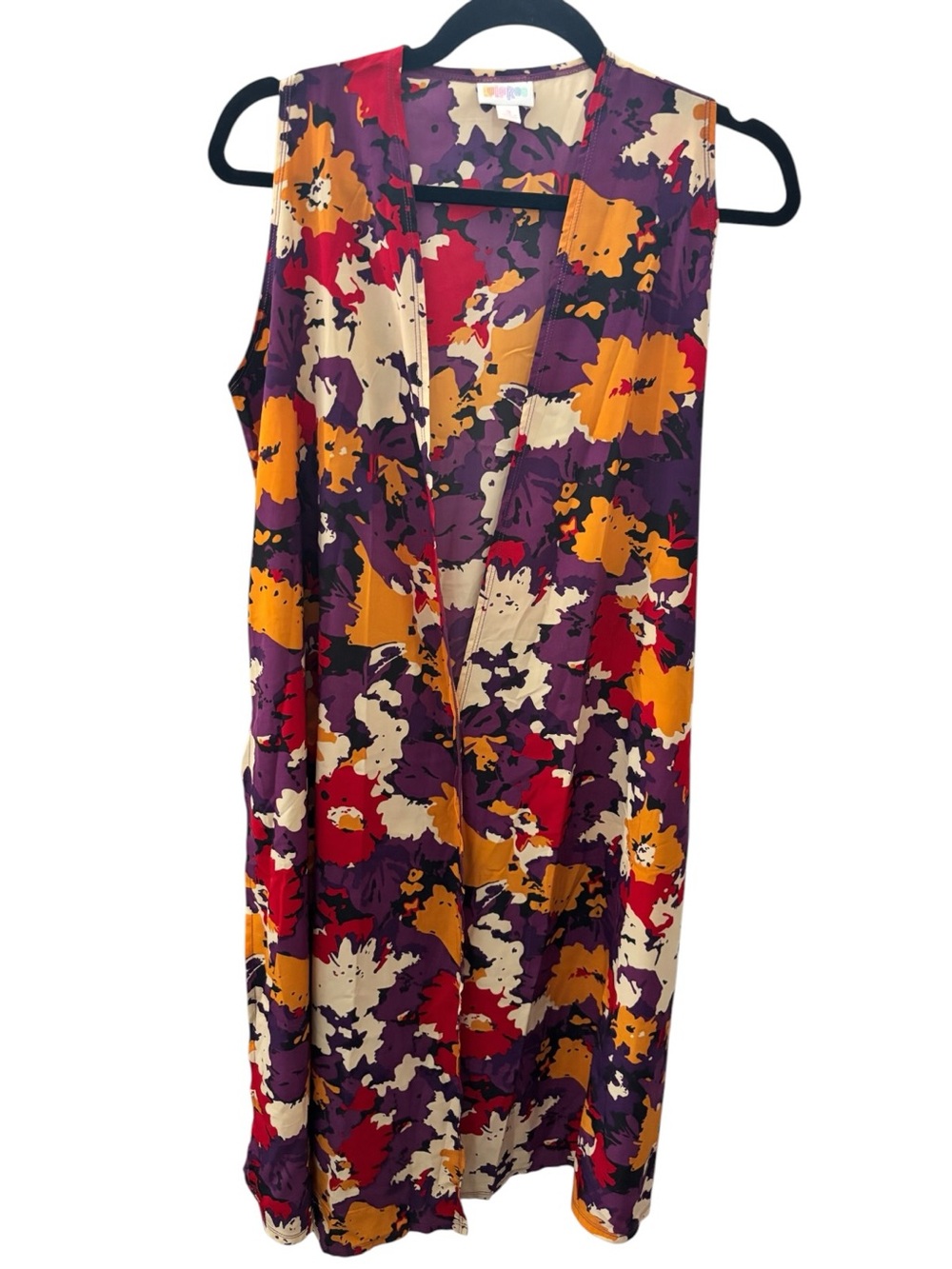 LuLaRoe Sleeveless Kimono in Purple, Mustard, Cream & Red